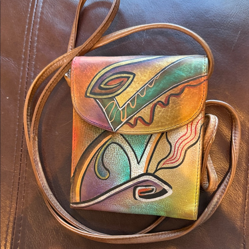 Anuschka Colorful Abstract Crossbody Bag Kiss Lock Genuine Leather Hand-Painted